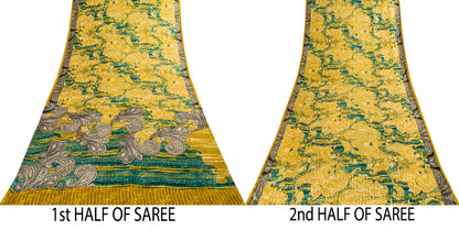 Sanskriti Vintage Soft Yellow-Green Crepe Silk Sari Paisley Printed Saree 6+Yard