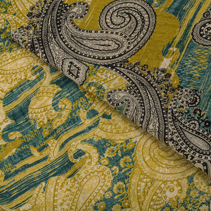 Sanskriti Vintage Soft Yellow-Green Crepe Silk Sari Paisley Printed Saree 6+Yard