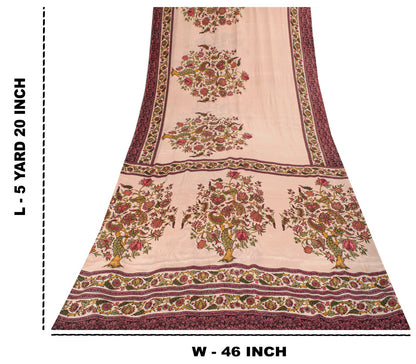 Sanskriti Vintage Soft Peach Pure Crepe Silk Sari DigitalBlock Print Saree 5.5Yd