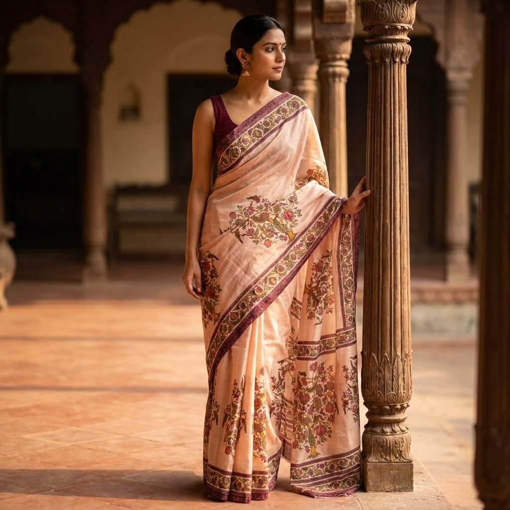 Sanskriti Vintage Soft Peach Pure Crepe Silk Sari DigitalBlock Print Saree 5.5Yd
