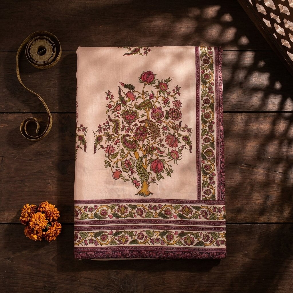 Sanskriti Vintage Soft Peach Pure Crepe Silk Sari DigitalBlock Print Saree 5.5Yd