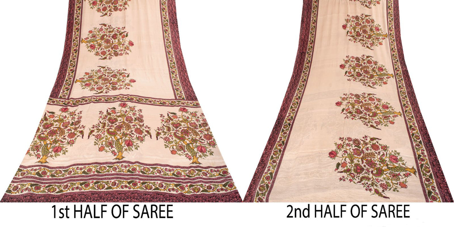Sanskriti Vintage Soft Peach Pure Crepe Silk Sari DigitalBlock Print Saree 5.5Yd