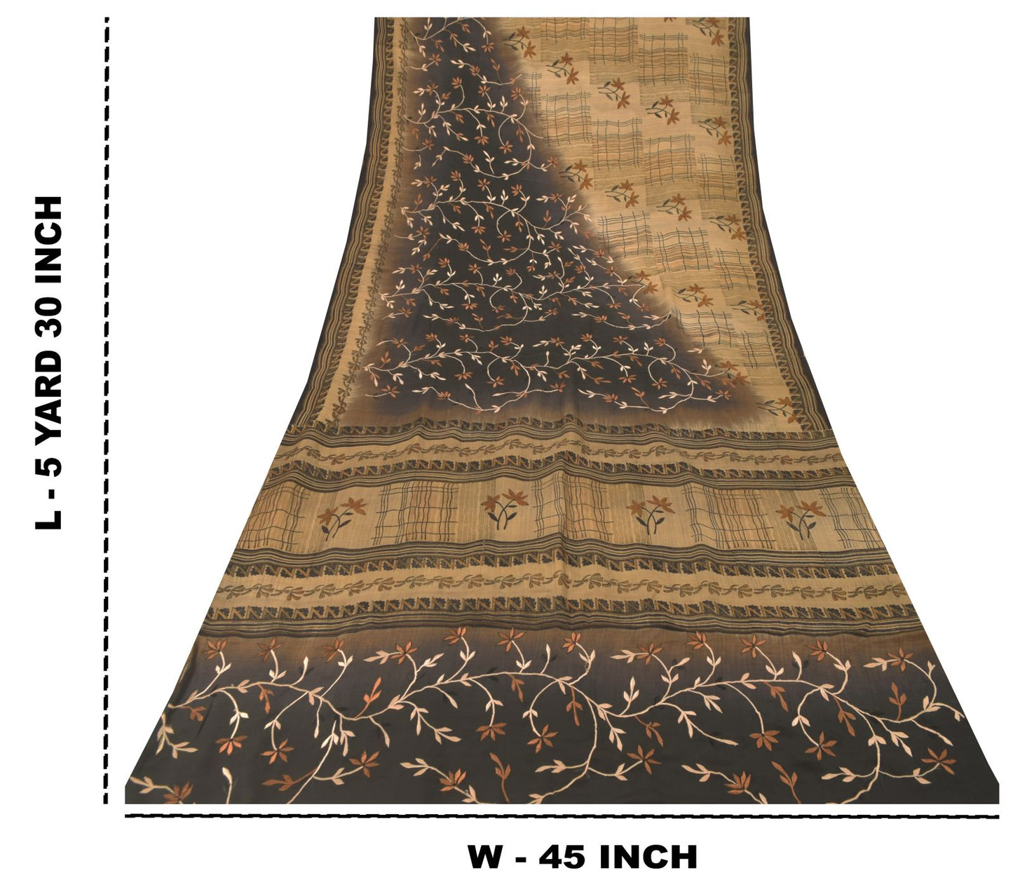 Sanskriti Vintage Soft Cream-Black Pure Crepe Sari Embroidered Print Saree 5.5Yd