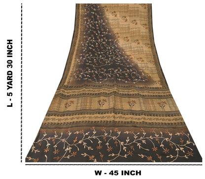 Sanskriti Vintage Soft Cream-Black Pure Crepe Sari Embroidered Print Saree 5.5Yd