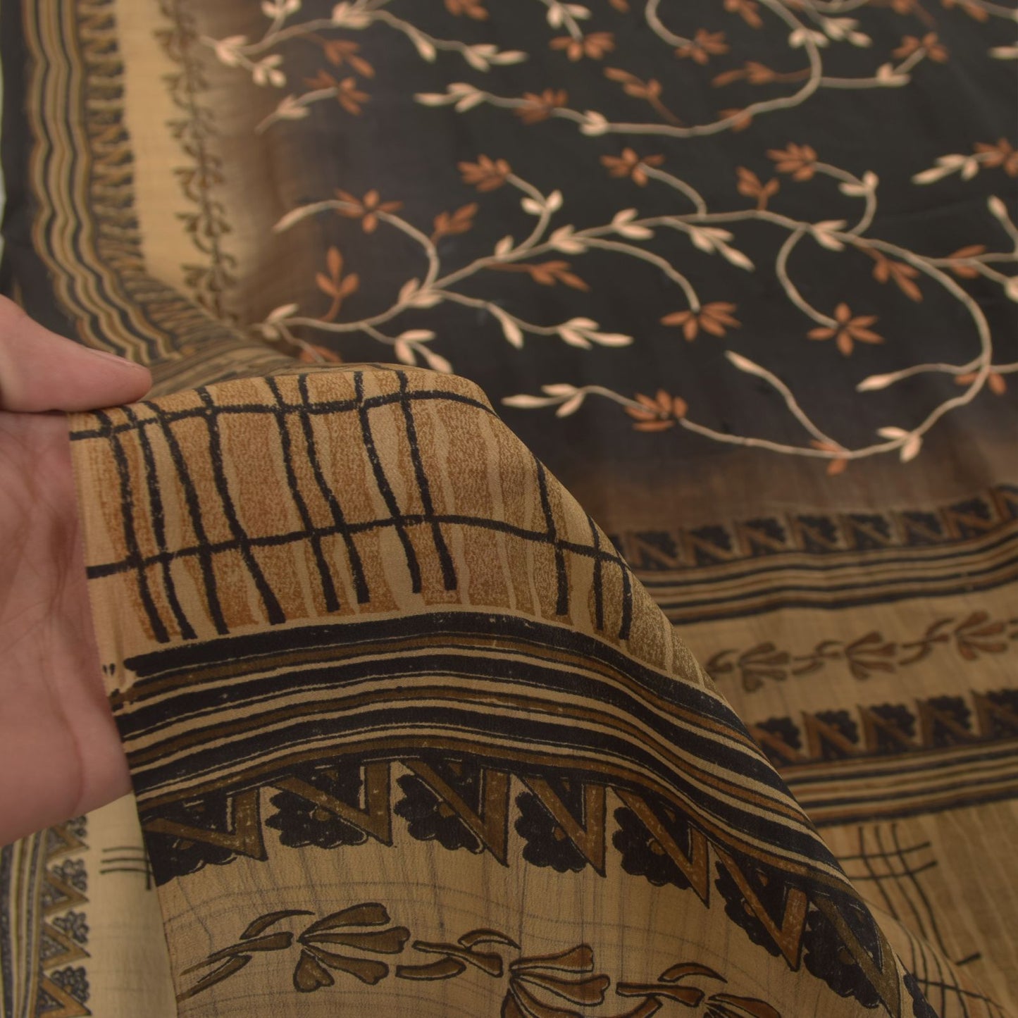 Sanskriti Vintage Soft Cream-Black Pure Crepe Sari Embroidered Print Saree 5.5Yd
