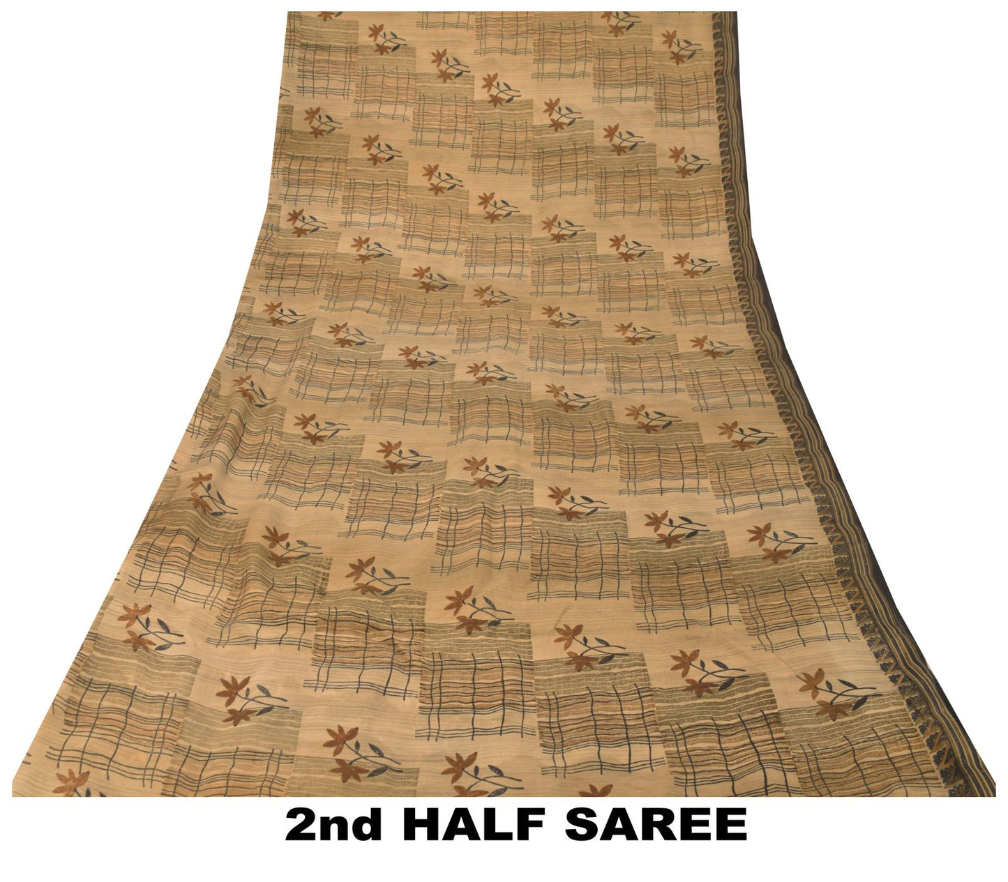 Sanskriti Vintage Soft Cream-Black Pure Crepe Sari Embroidered Print Saree 5.5Yd