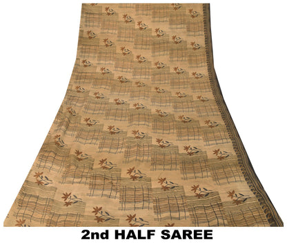 Sanskriti Vintage Soft Cream-Black Pure Crepe Sari Embroidered Print Saree 5.5Yd