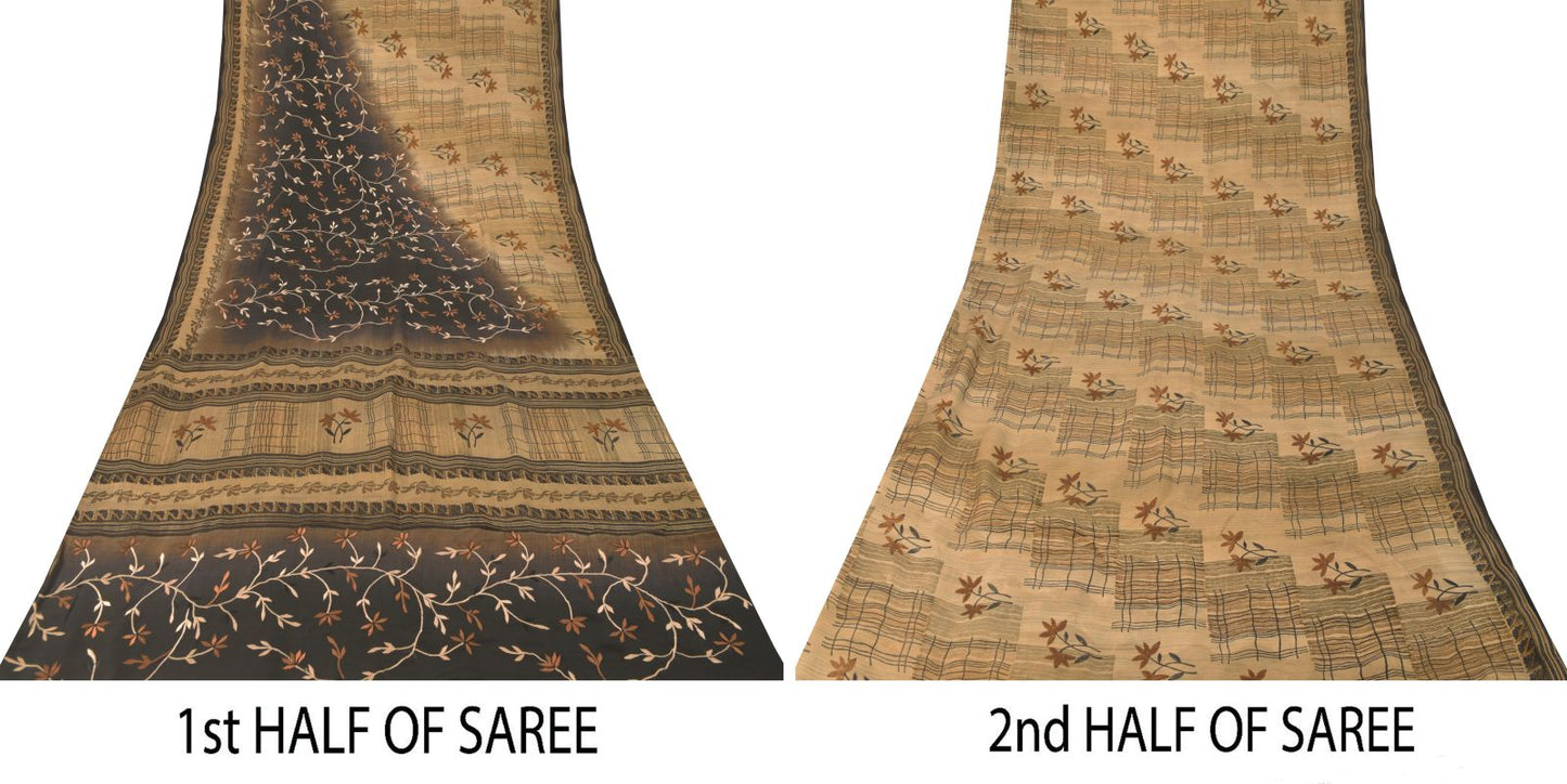 Sanskriti Vintage Soft Cream-Black Pure Crepe Sari Embroidered Print Saree 5.5Yd