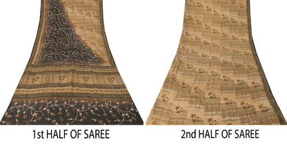 Sanskriti Vintage Soft Cream-Black Pure Crepe Sari Embroidered Print Saree 5.5Yd