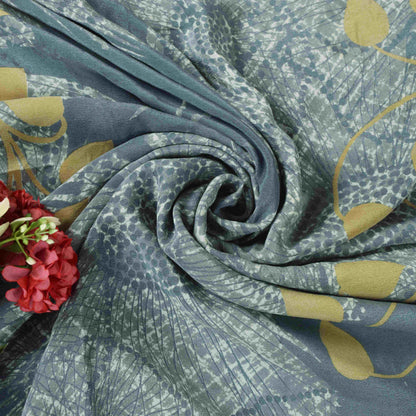 Sanskriti Vintage Saree Grayish Blue Pure Crepe Silk Floral Printed Sari 5.5 Yd
