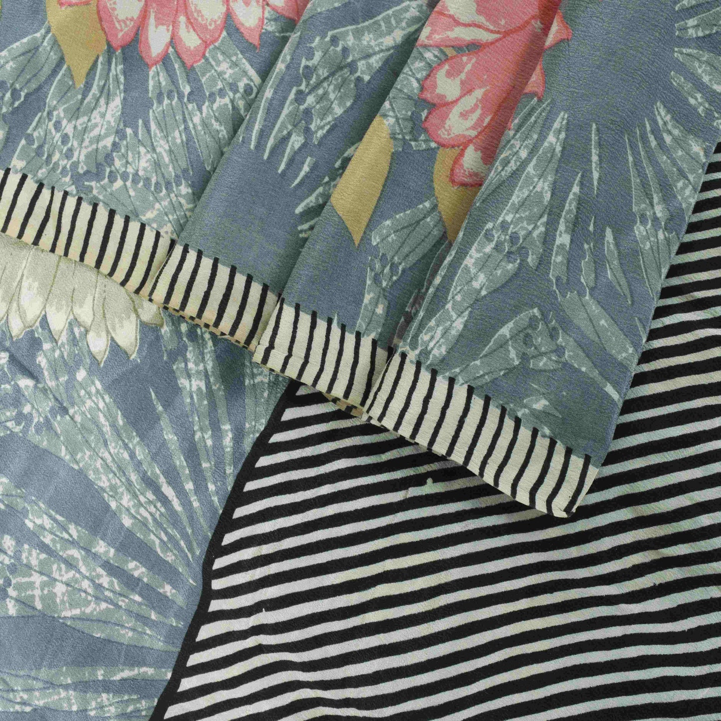 Sanskriti Vintage Saree Grayish Blue Pure Crepe Silk Floral Printed Sari 5.5 Yd