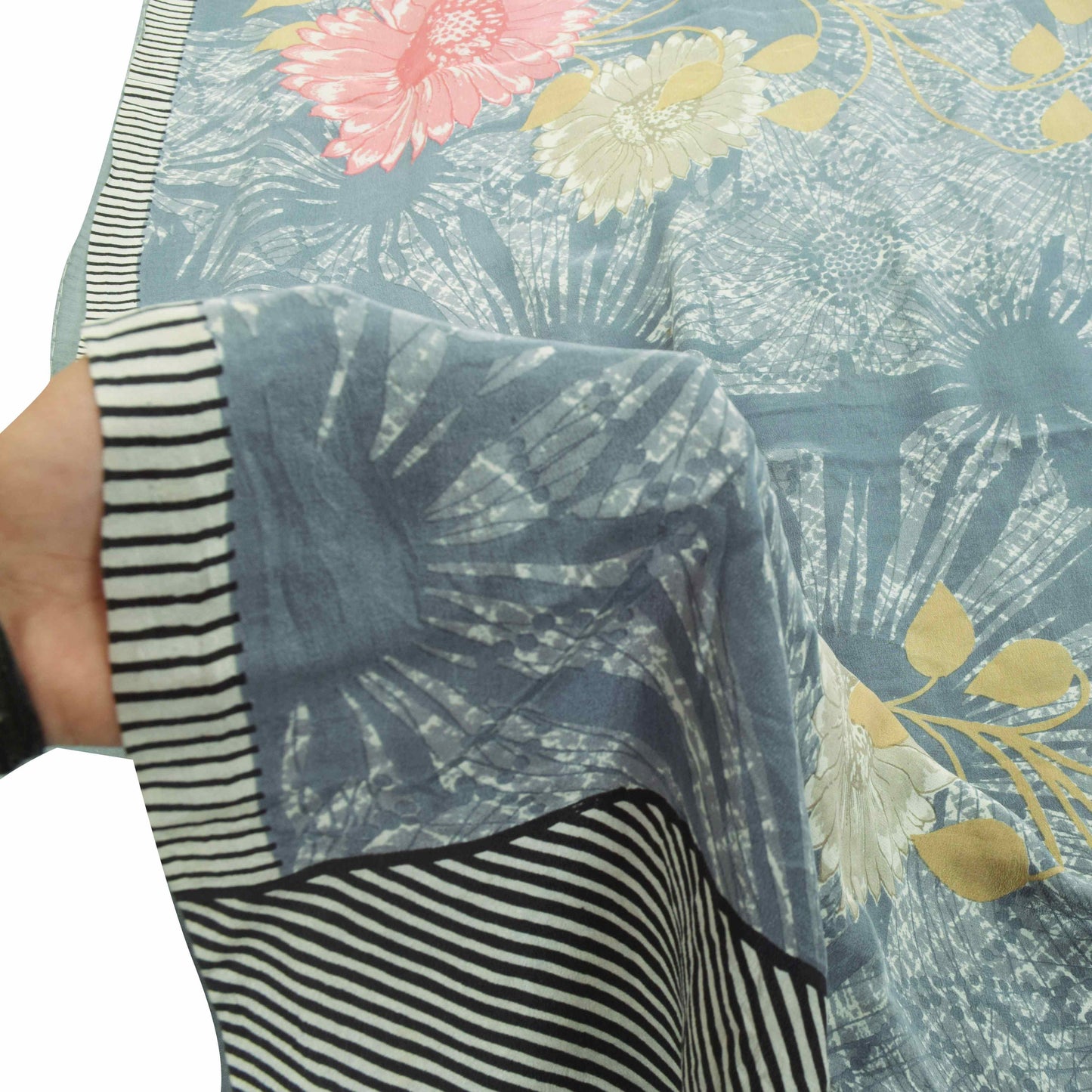 Sanskriti Vintage Saree Grayish Blue Pure Crepe Silk Floral Printed Sari 5.5 Yd