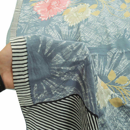 Sanskriti Vintage Saree Grayish Blue Pure Crepe Silk Floral Printed Sari 5.5 Yd