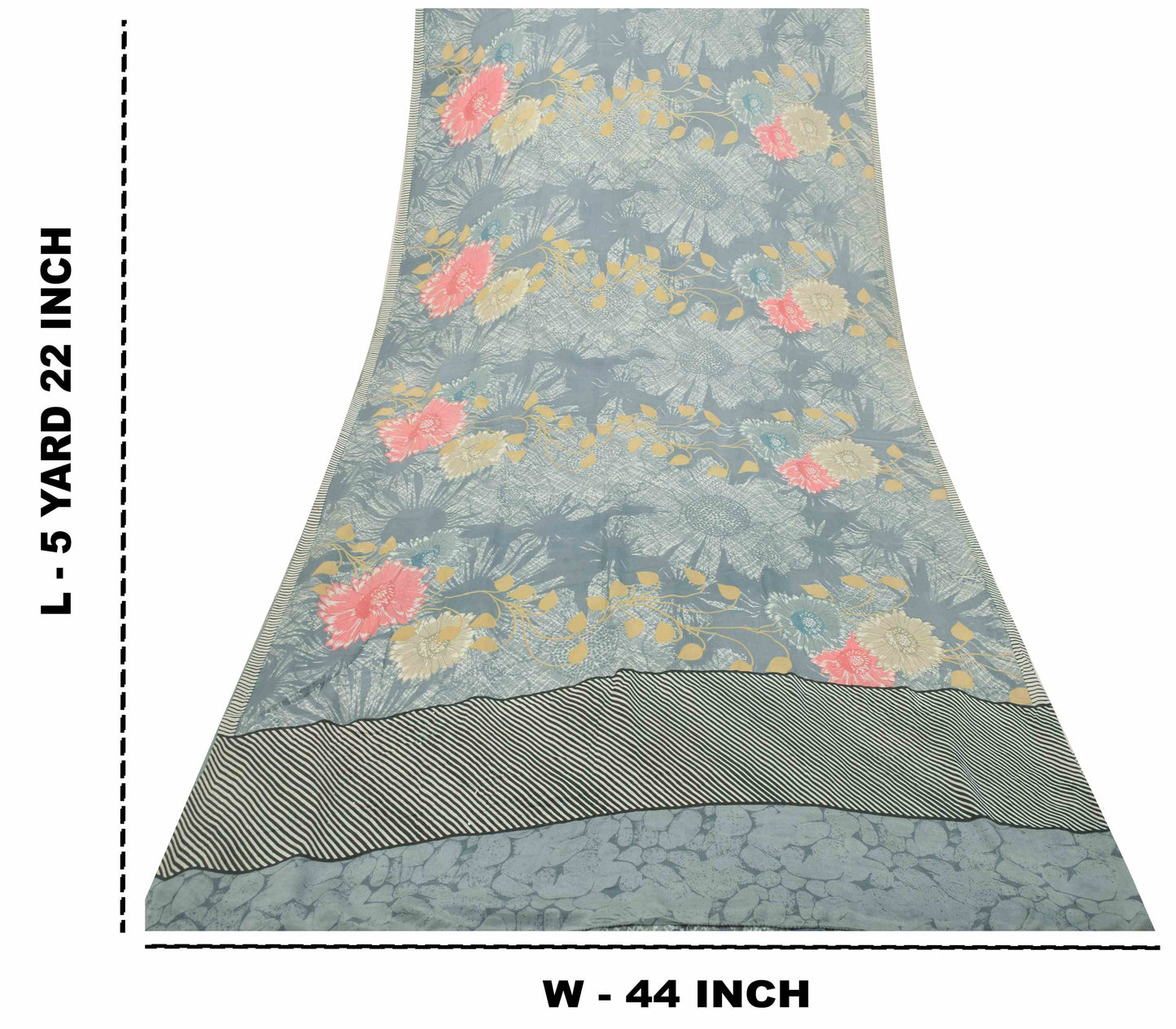 Sanskriti Vintage Saree Grayish Blue Pure Crepe Silk Floral Printed Sari 5.5 Yd