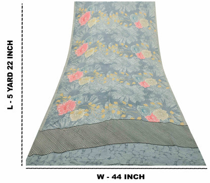 Sanskriti Vintage Saree Grayish Blue Pure Crepe Silk Floral Printed Sari 5.5 Yd