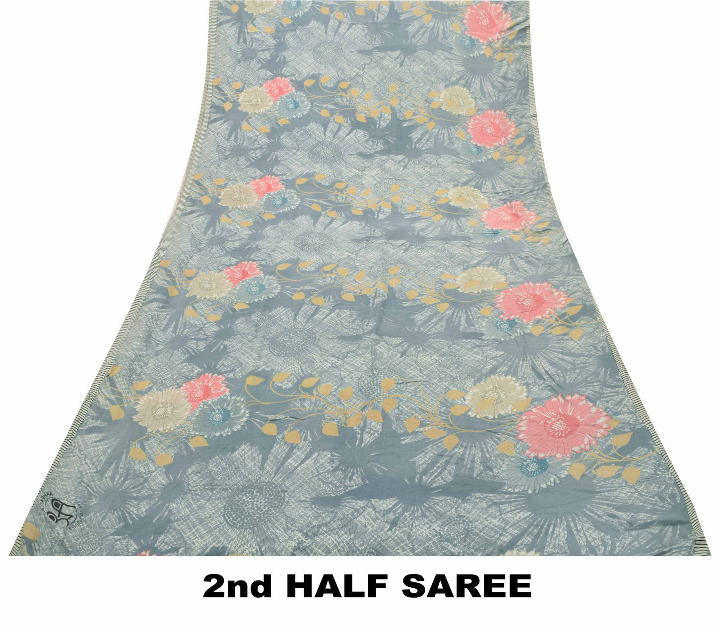 Sanskriti Vintage Saree Grayish Blue Pure Crepe Silk Floral Printed Sari 5.5 Yd