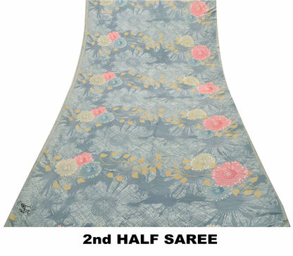Sanskriti Vintage Saree Grayish Blue Pure Crepe Silk Floral Printed Sari 5.5 Yd