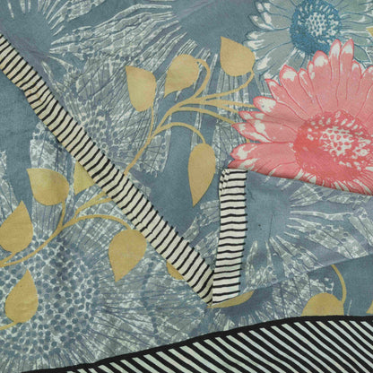Sanskriti Vintage Saree Grayish Blue Pure Crepe Silk Floral Printed Sari 5.5 Yd