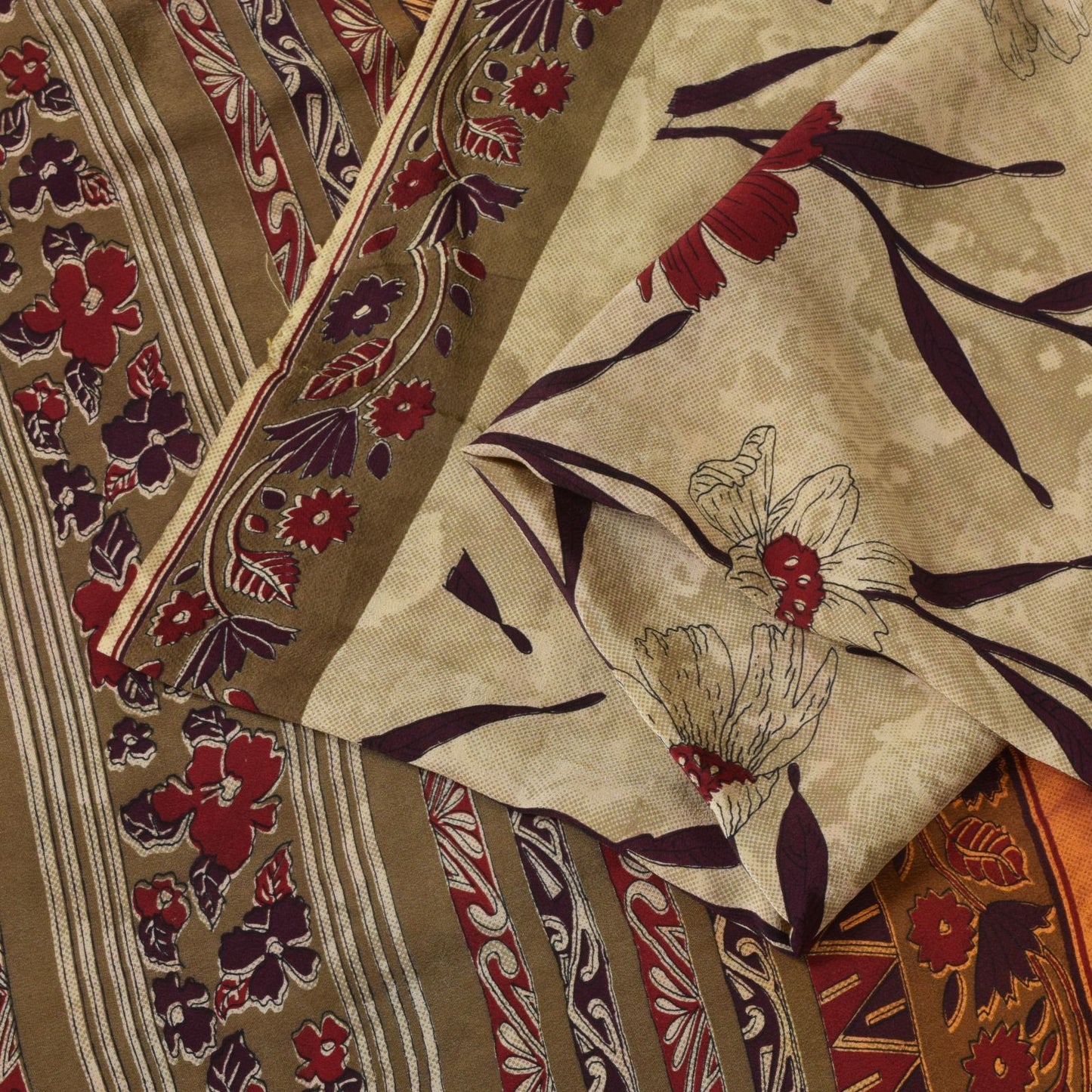 Sanskriti Vintage Soft Cream-Red Pure Crepe Silk Sari Floral Printed Saree 5.5Yd