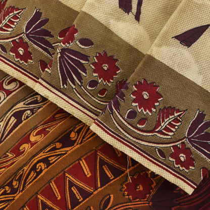 Sanskriti Vintage Soft Cream-Red Pure Crepe Silk Sari Floral Printed Saree 5.5Yd