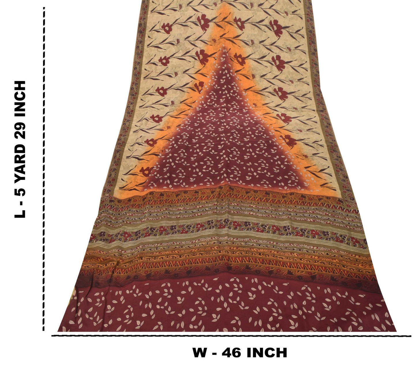 Sanskriti Vintage Soft Cream-Red Pure Crepe Silk Sari Floral Printed Saree 5.5Yd