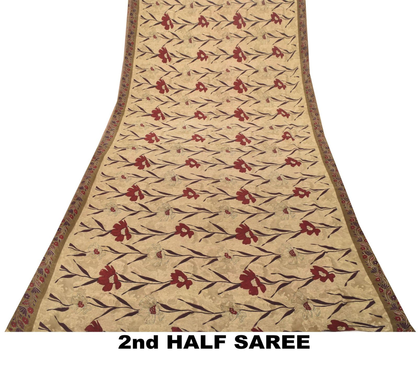 Sanskriti Vintage Soft Cream-Red Pure Crepe Silk Sari Floral Printed Saree 5.5Yd