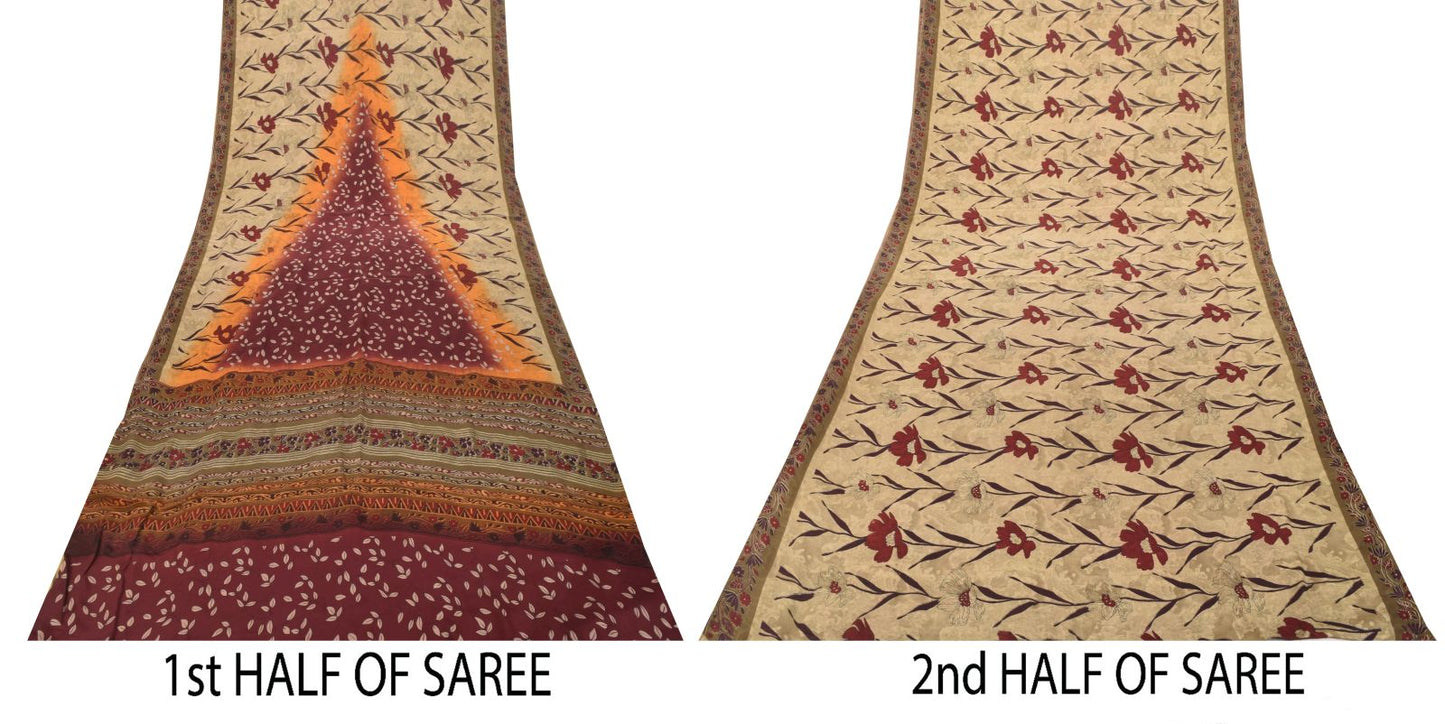 Sanskriti Vintage Soft Cream-Red Pure Crepe Silk Sari Floral Printed Saree 5.5Yd