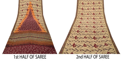 Sanskriti Vintage Soft Cream-Red Pure Crepe Silk Sari Floral Printed Saree 5.5Yd