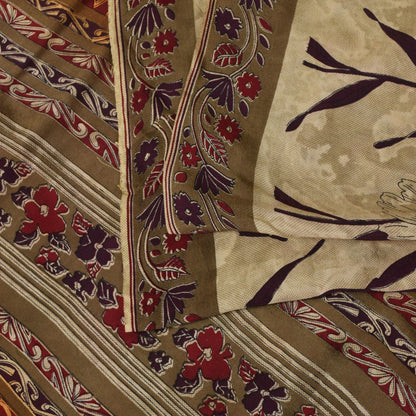 Sanskriti Vintage Soft Cream-Red Pure Crepe Silk Sari Floral Printed Saree 5.5Yd