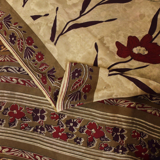 Sanskriti Vintage Soft Cream-Red Pure Crepe Silk Sari Floral Printed Saree 5.5Yd