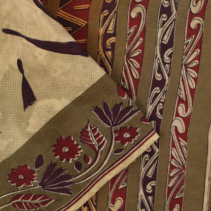 Sanskriti Vintage Soft Cream-Red Pure Crepe Silk Sari Floral Printed Saree 5.5Yd