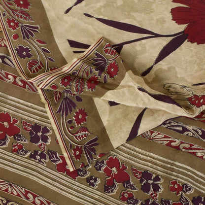 Sanskriti Vintage Soft Cream-Red Pure Crepe Silk Sari Floral Printed Saree 5.5Yd