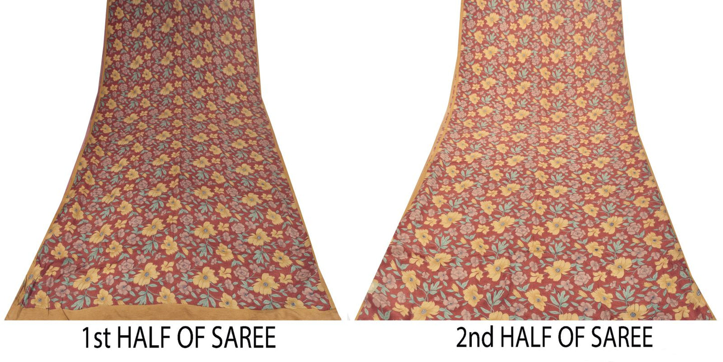 Sanskriti Vintage Soft Brown 100%Pure Crepe Silk Sari Floral Printed Saree 5+d