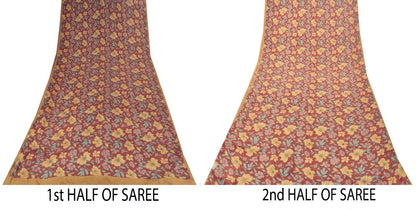 Sanskriti Vintage Soft Brown 100%Pure Crepe Silk Sari Floral Printed Saree 5+d