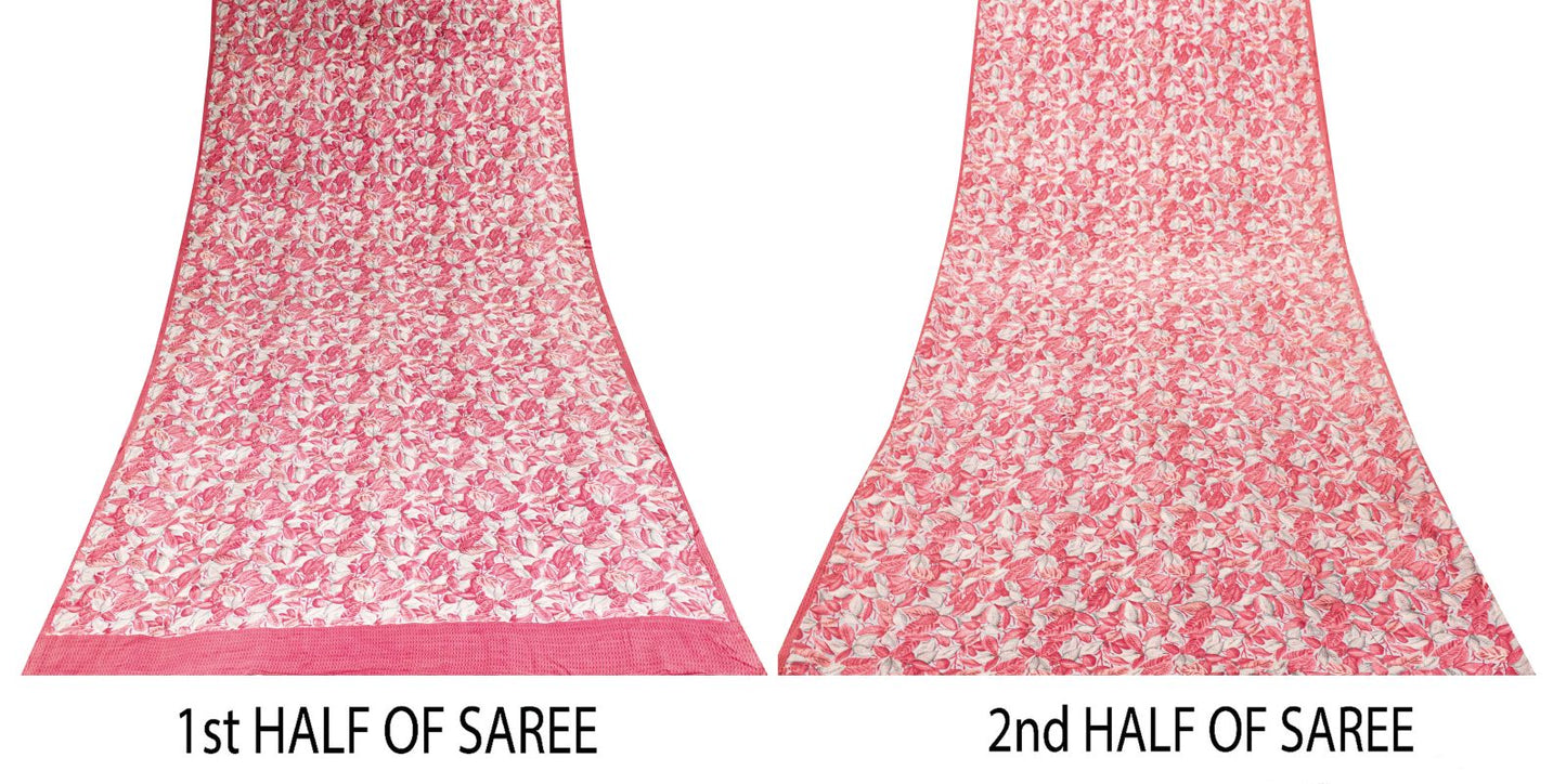 Sanskriti Vintage Pink Soft Pure Crepe Silk Sari Leaf Digital Print Saree 5.5Yd