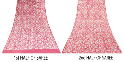 Sanskriti Vintage Pink Soft Pure Crepe Silk Sari Leaf Digital Print Saree 5.5Yd