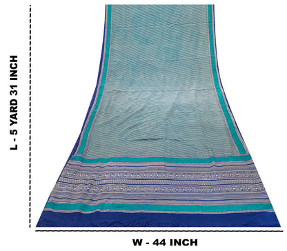 Sanskriti Vintage Blue Soft Pure Crepe Silk Sari Geometric Printed Saree 5.5Yd
