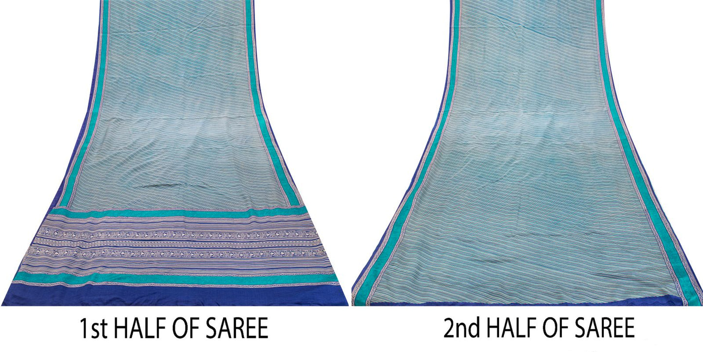 Sanskriti Vintage Blue Soft Pure Crepe Silk Sari Geometric Printed Saree 5.5Yd