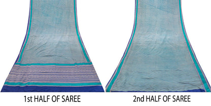 Sanskriti Vintage Blue Soft Pure Crepe Silk Sari Geometric Printed Saree 5.5Yd