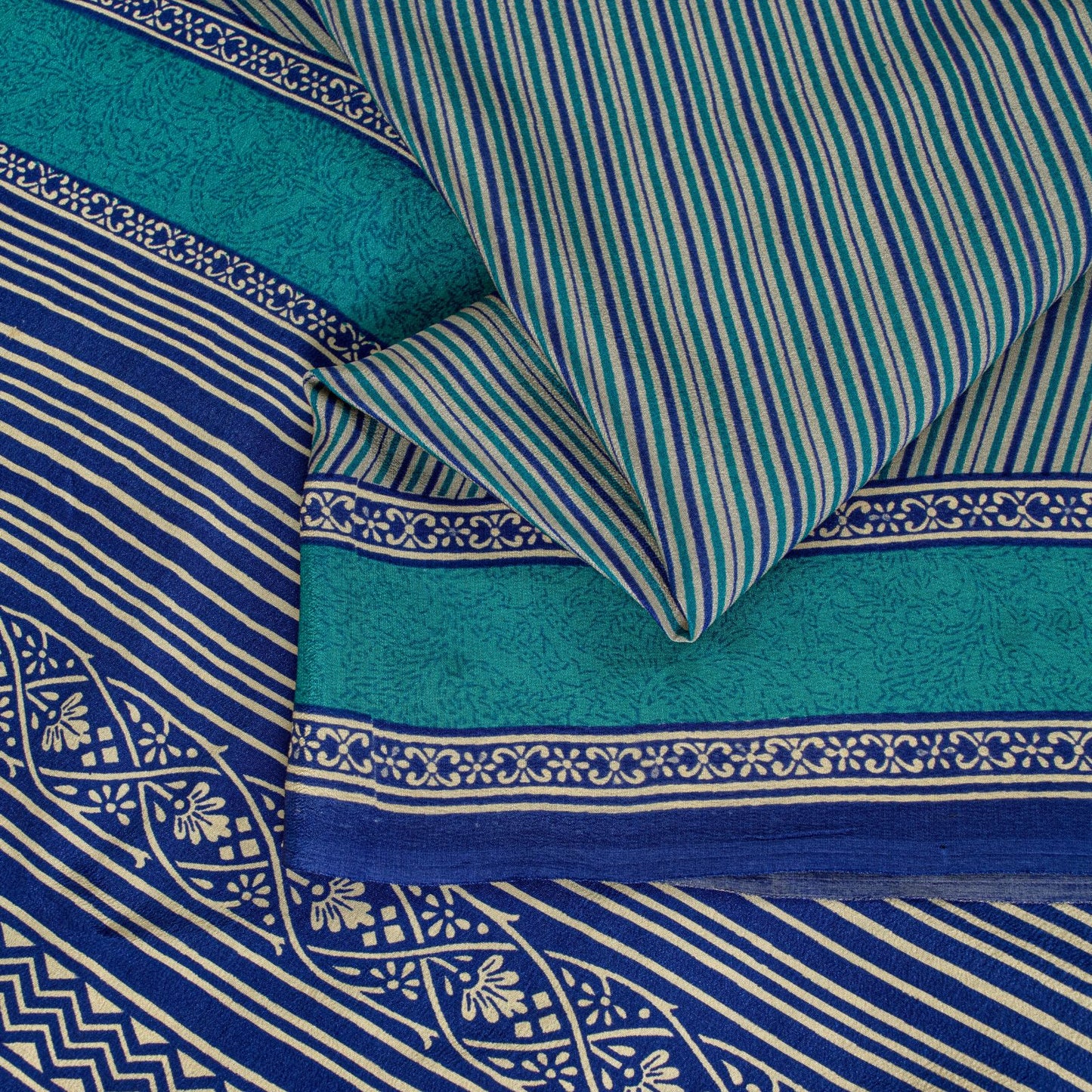 Sanskriti Vintage Blue Soft Pure Crepe Silk Sari Geometric Printed Saree 5.5Yd