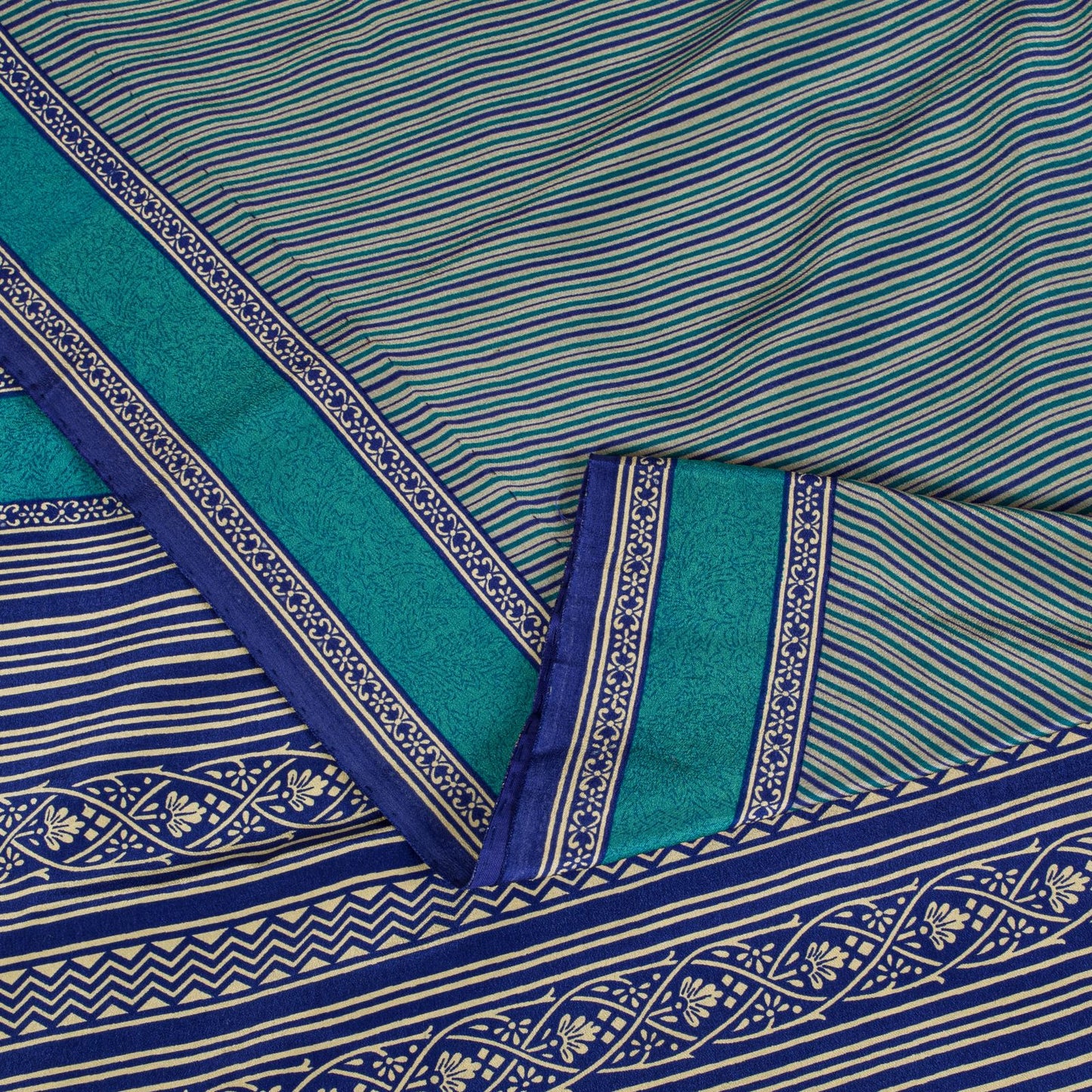 Sanskriti Vintage Blue Soft Pure Crepe Silk Sari Geometric Printed Saree 5.5Yd