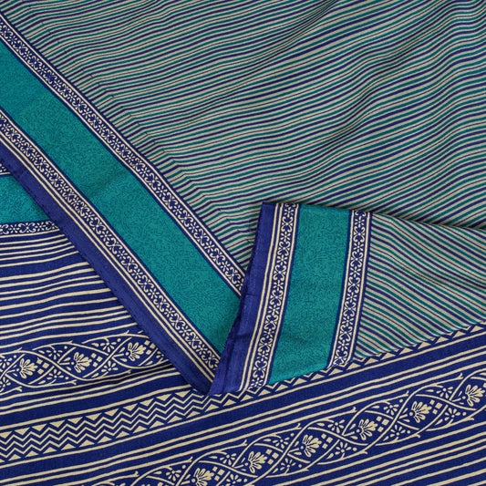 Sanskriti Vintage Blue Soft Pure Crepe Silk Sari Geometric Printed Saree 5.5Yd
