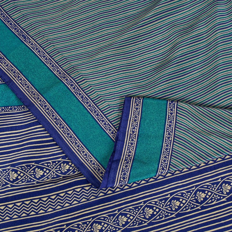 Sanskriti Vintage Blue Soft Pure Crepe Silk Sari Geometric Printed Saree 5.5Yd