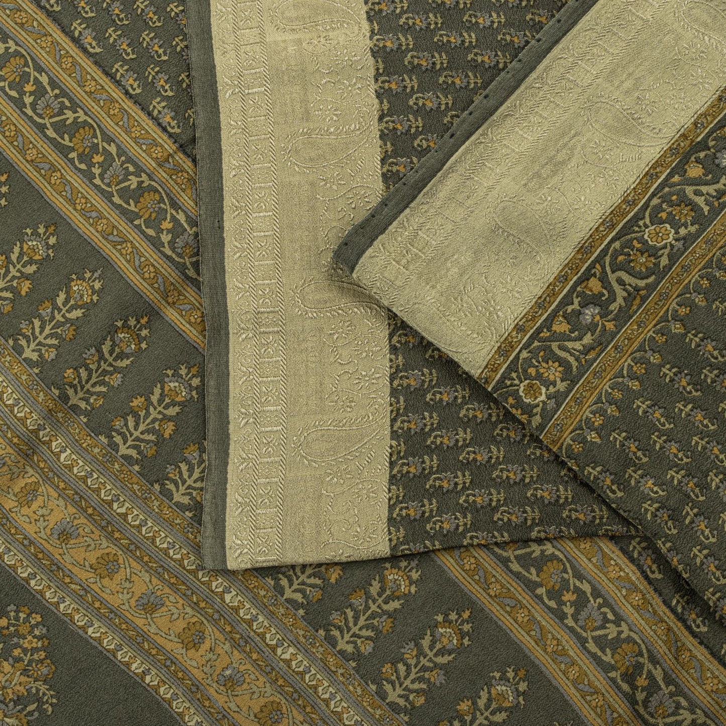 Sanskriti Vintage Green Soft Pure Crepe Silk Sari Hand Block Printed Saree 5.5Yd