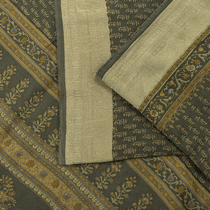 Sanskriti Vintage Green Soft Pure Crepe Silk Sari Hand Block Printed Saree 5.5Yd