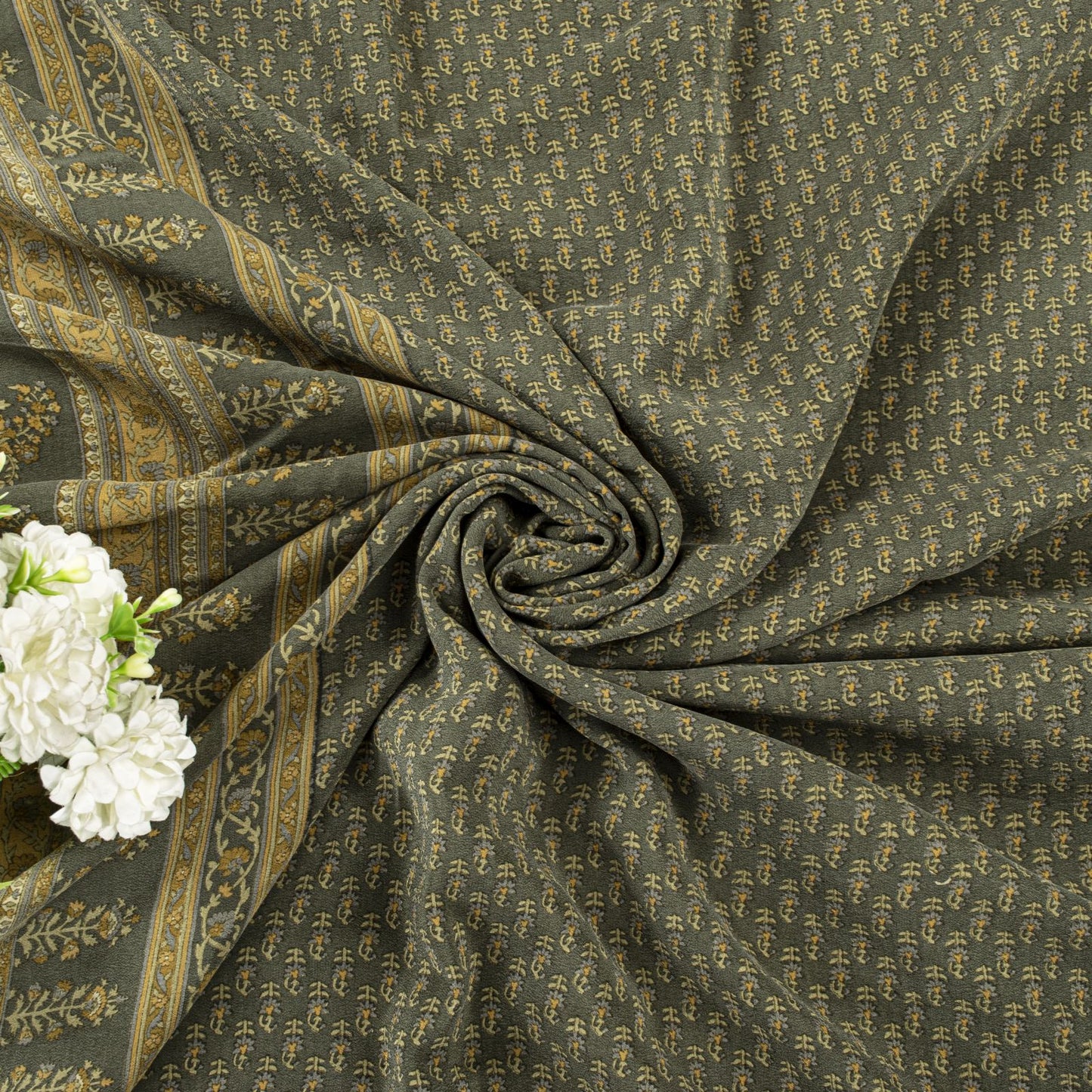 Sanskriti Vintage Green Soft Pure Crepe Silk Sari Hand Block Printed Saree 5.5Yd