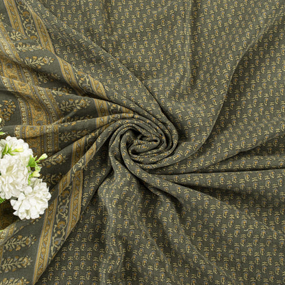 Sanskriti Vintage Green Soft Pure Crepe Silk Sari Hand Block Printed Saree 5.5Yd
