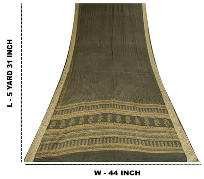 Sanskriti Vintage Green Soft Pure Crepe Silk Sari Hand Block Printed Saree 5.5Yd