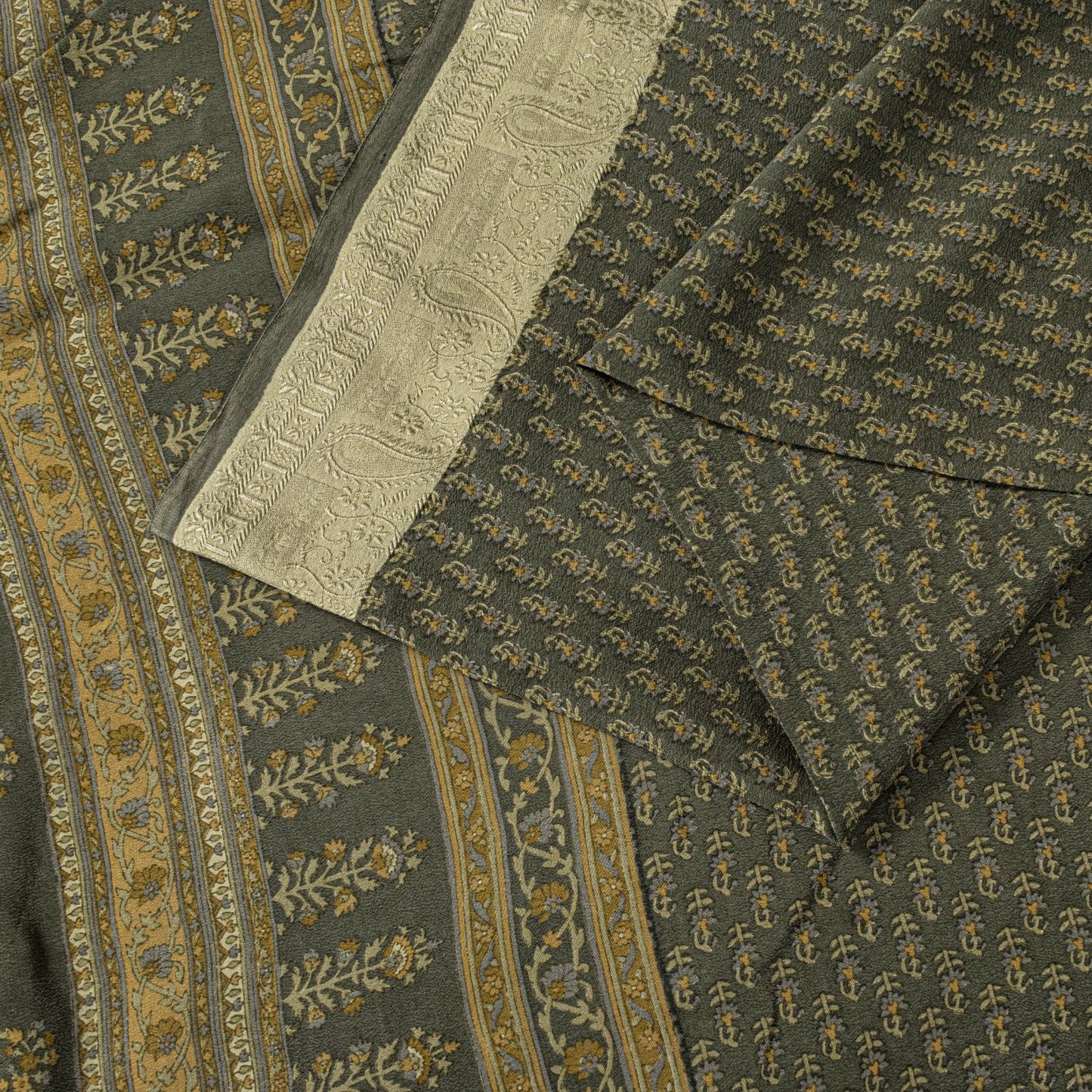 Sanskriti Vintage Green Soft Pure Crepe Silk Sari Hand Block Printed Saree 5.5Yd