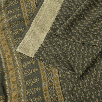 Sanskriti Vintage Green Soft Pure Crepe Silk Sari Hand Block Printed Saree 5.5Yd